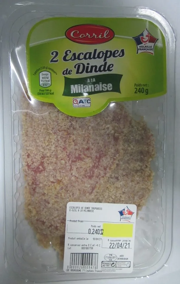 CORRIL - 2 ESCALOPES DE DINDE A LA MILANAISE 240G