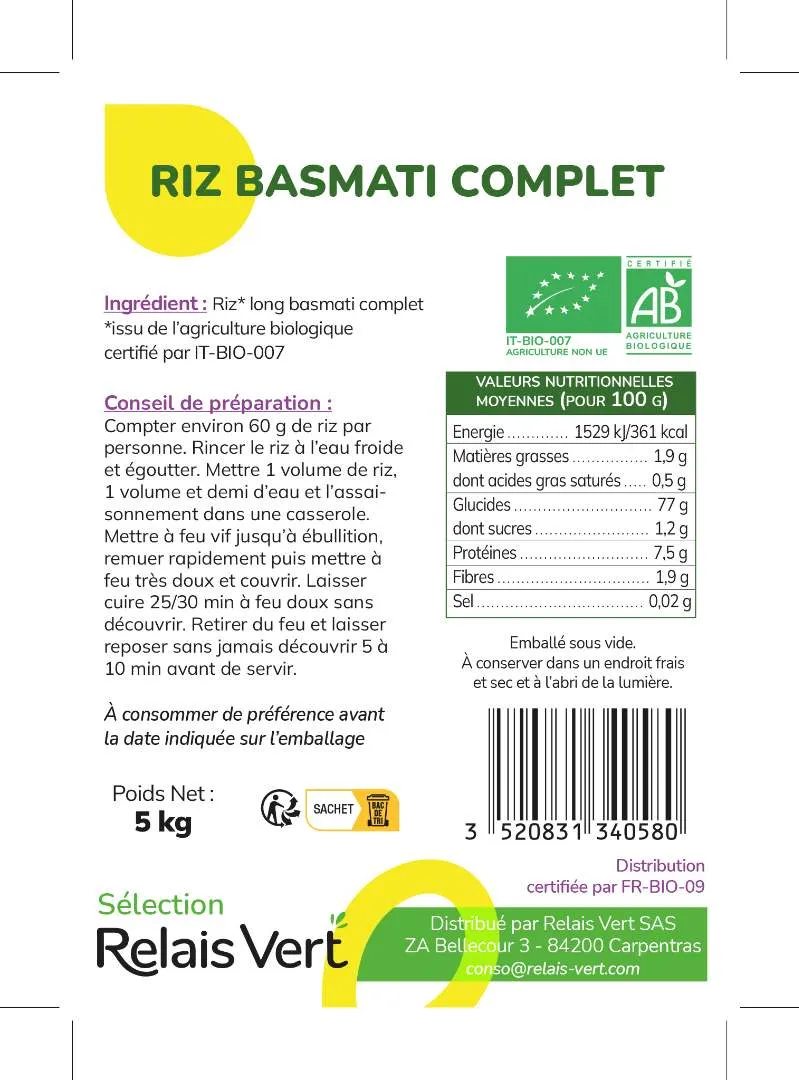 RELAIS VERT - RIZ BASMATI COMPLET (2*5KG) SELECTION RELAIS VERT