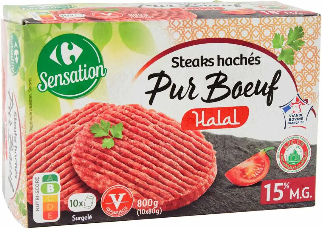 Carrefour Sensation Halal - Steaks Hachés Surgelés Pur Boeuf 15% MG Halal